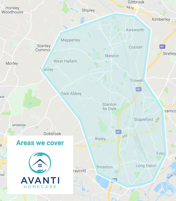 Map showing areas of the east midlands in which Avanti Homecare provide elderly in home care services